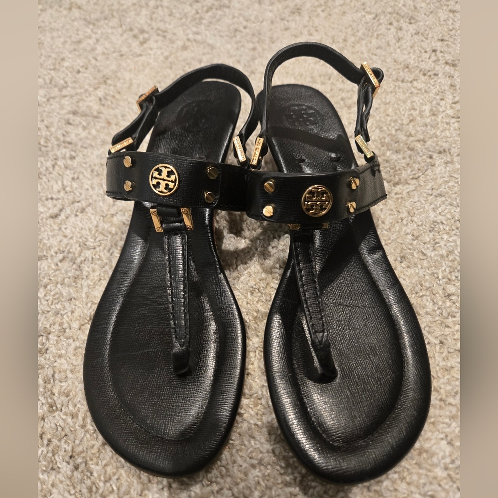 Tory Burch Black and Gold Sandals -demi wedge